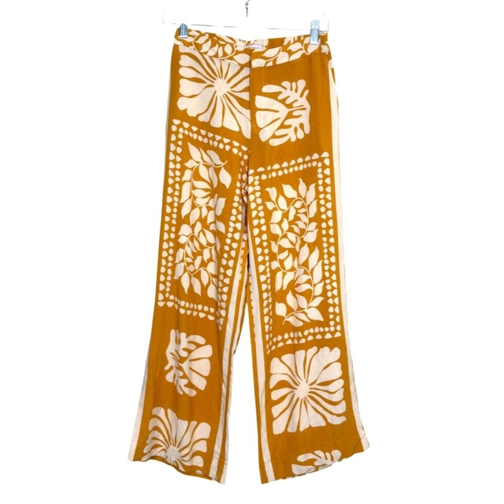 Esprit Womens Wide Leg Pants Boho Print Mustard Cream Floral Pull-On Size S
